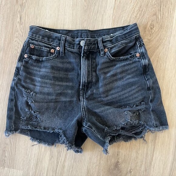 American Eagle Outfitters Pants - American Eagle 90’s Boyfriend High Rise Jean Shorts Destroyed Black Gray 0